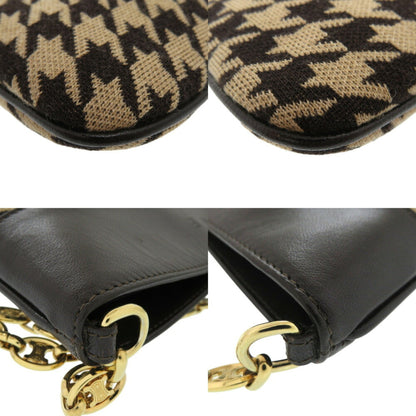 Celine Triomphe Chain Houndstooth Fabric Leather Beige Bag 0421Celine