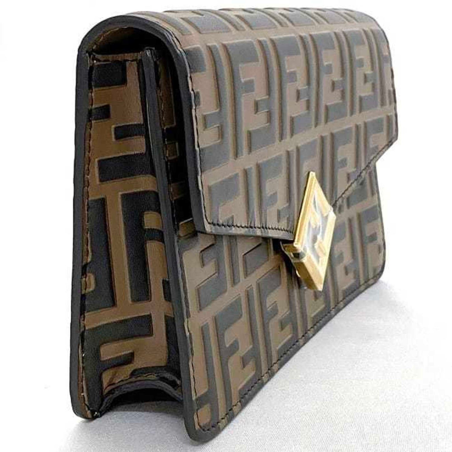 Fendi 2-Way Chain Shoulder Bag Brown Ff Diamond Zucca 8M0488 F-20403 Leather Fendi Flap Embossed