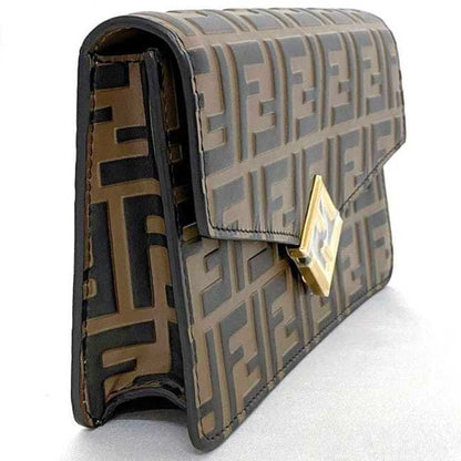 Fendi 2-Way Chain Shoulder Bag Brown Ff Diamond Zucca 8M0488 F-20403 Leather Fendi Flap Embossed