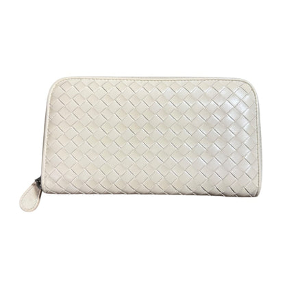 Bottega Veneta Leather Intrecciato Round Zip Long Wallet In Ivory