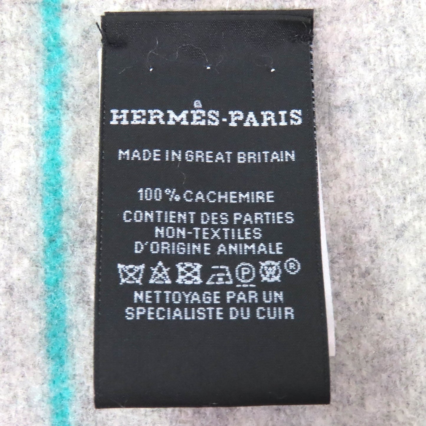 Hermes Neo Rocabar 100% Cashmere Gris Chine Leather Logo Patch Fringe Scarf/Shawl With Box