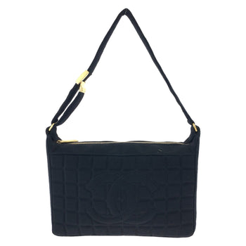 Chanel Vintage Chocolate Bar Coco Mark Black Canvas Shoulder Bag With Gold Hardware