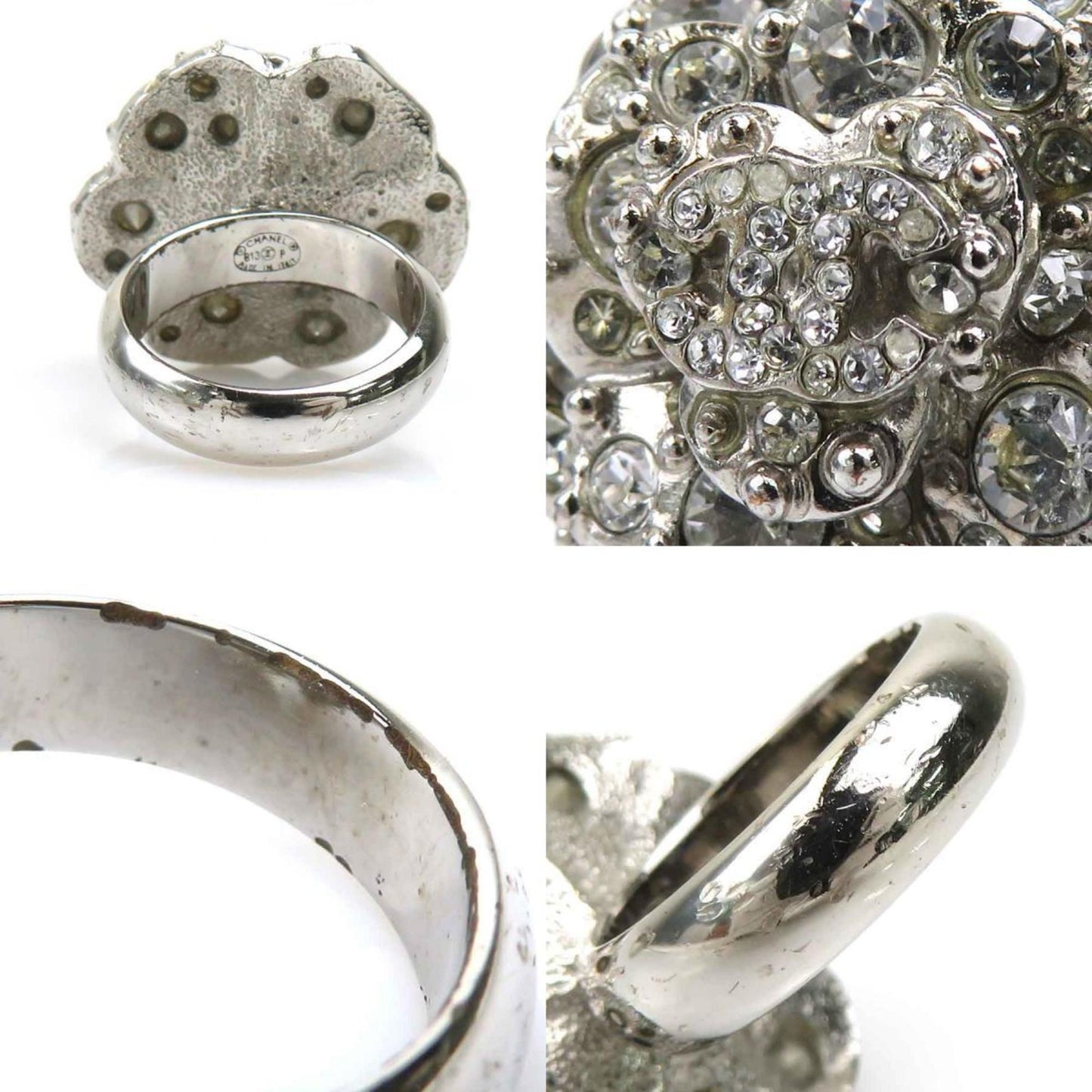 Chanel Camellia Coco Mark Metal Rhinestone Silver Ring