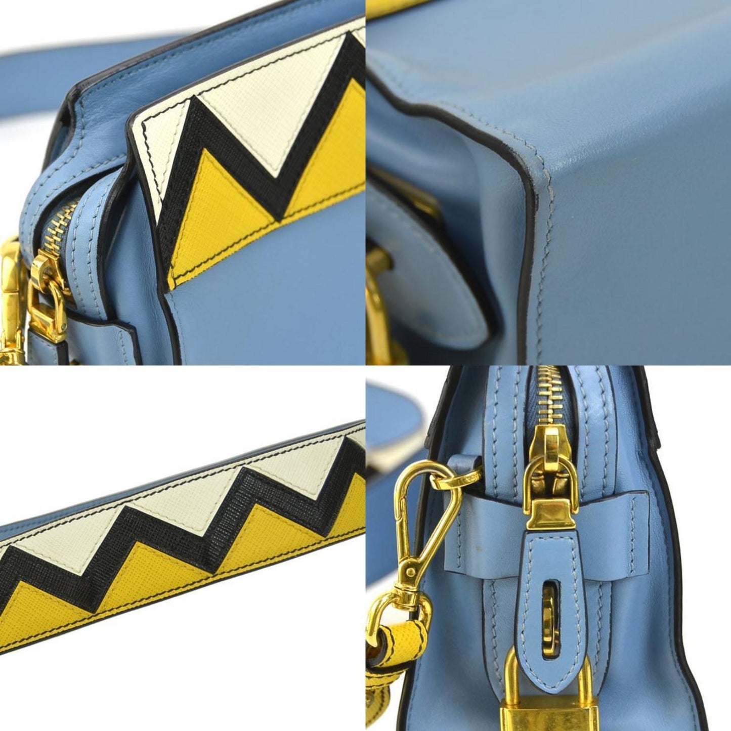 Prada Shoulder Bag Leather Blue Yellow White Gold