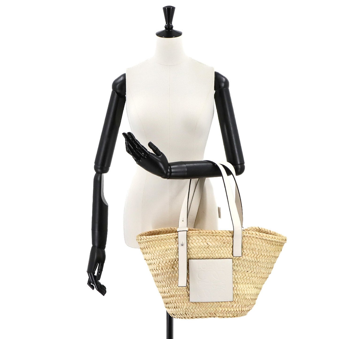 Loewe Basket Bag Tote Raffia Leather Natural Tan White Silver Hardware