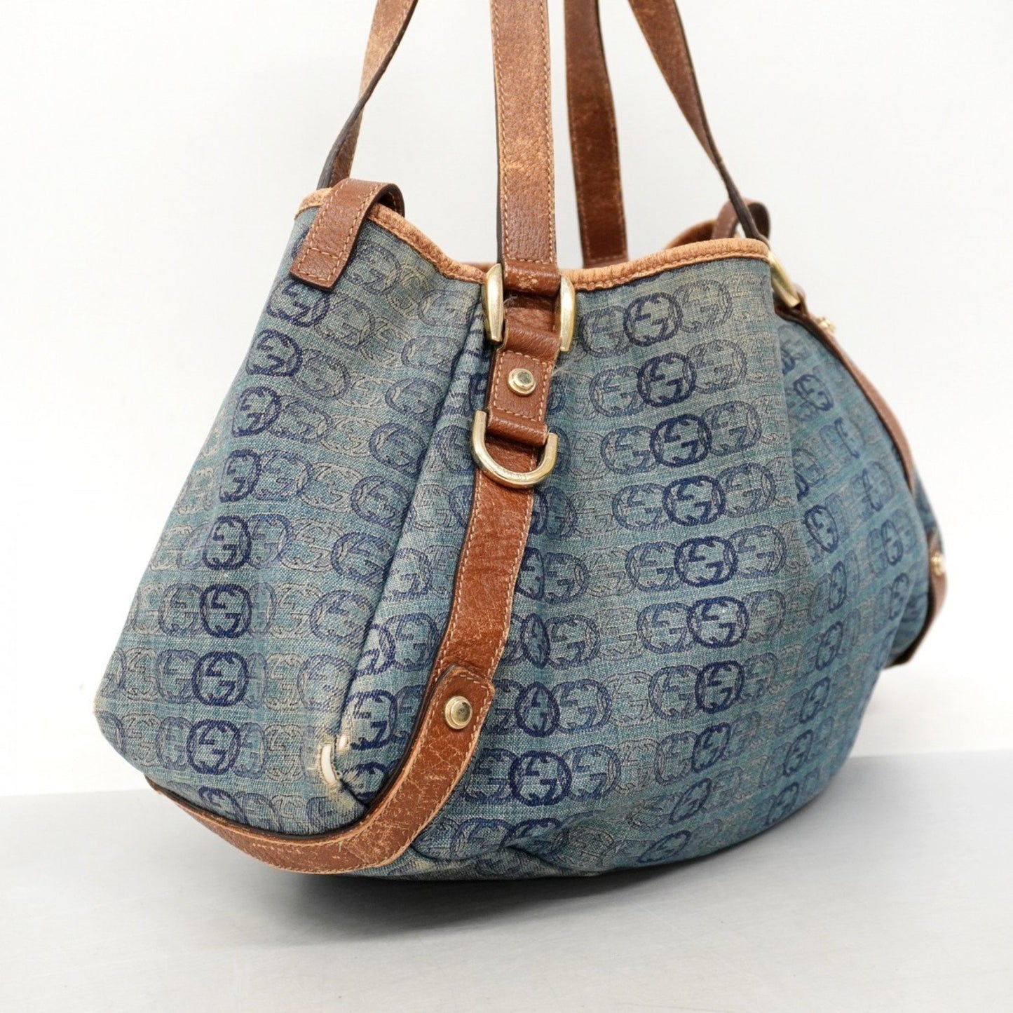 Gucci Abby Tote Bag 130736 Denim Blue Brown Champagne
