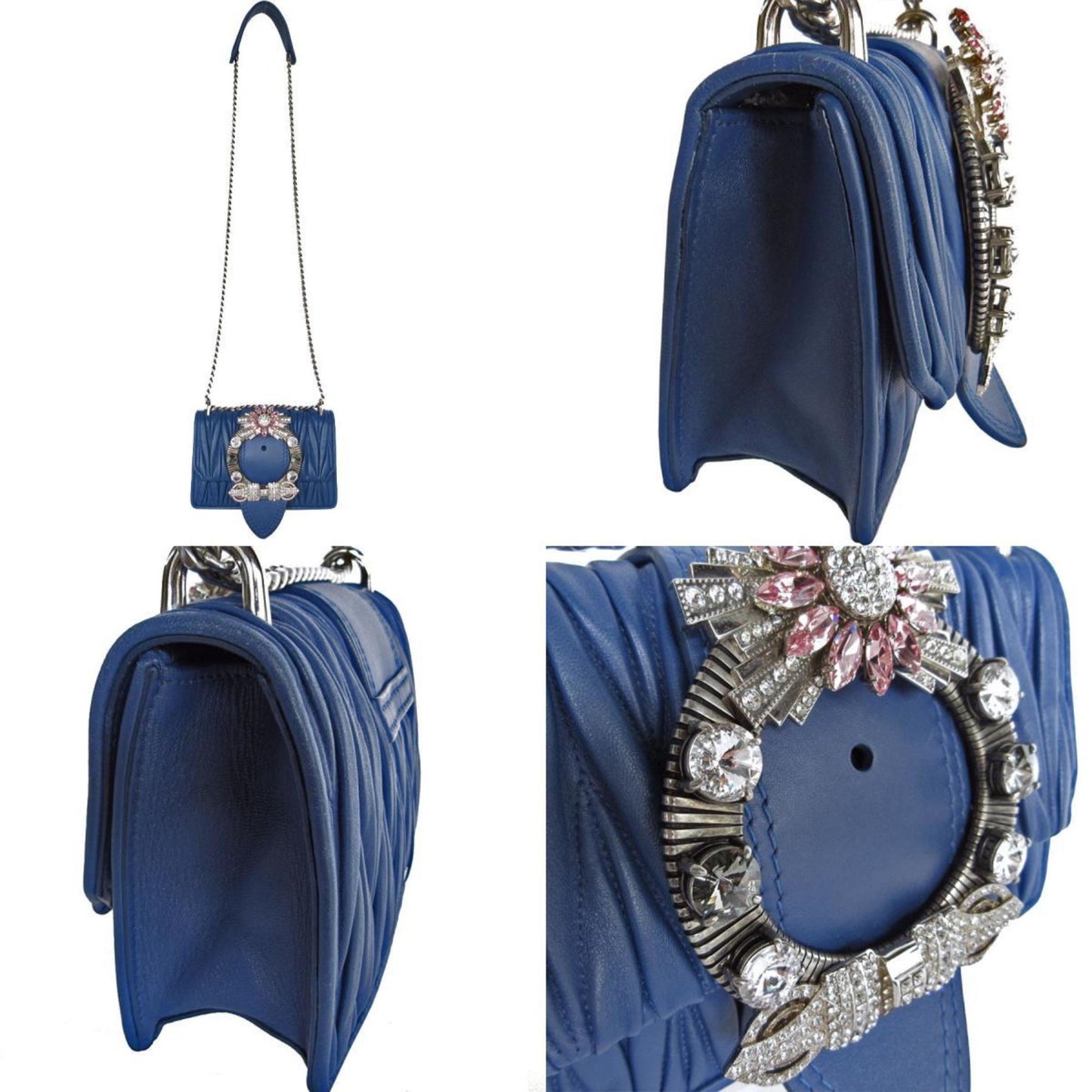 Miu Miu Miu Shoulder Bag Leather Rhinestone Blue Silver