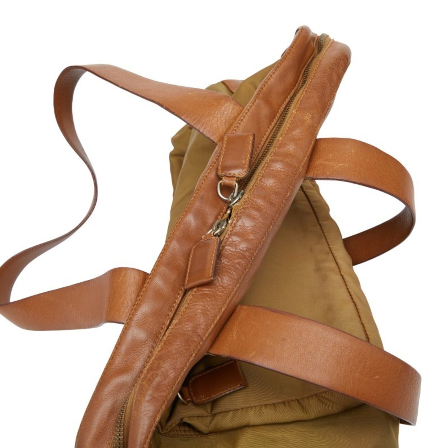 Prada Triangle Logo Plate Handbag Beige Brown Nylon Leather