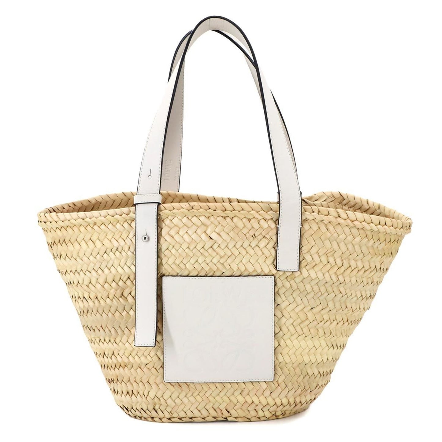 Loewe Basket Bag Tote Raffia Leather Natural Tan White Silver Hardware