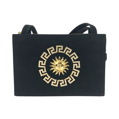 Gianni Versace Vintage Sunburst Black Suede Shoulder Bag With Gold Hardware
