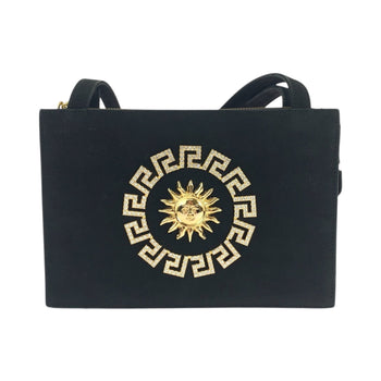 Gianni Versace Vintage Sunburst Black Suede Shoulder Bag With Gold Hardware