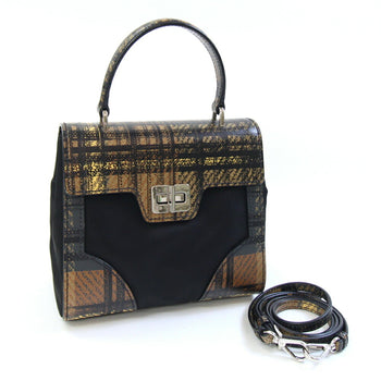 Prada Handbag 1Ba014 Black Brown Nylon Leather Shoulder Bag Check