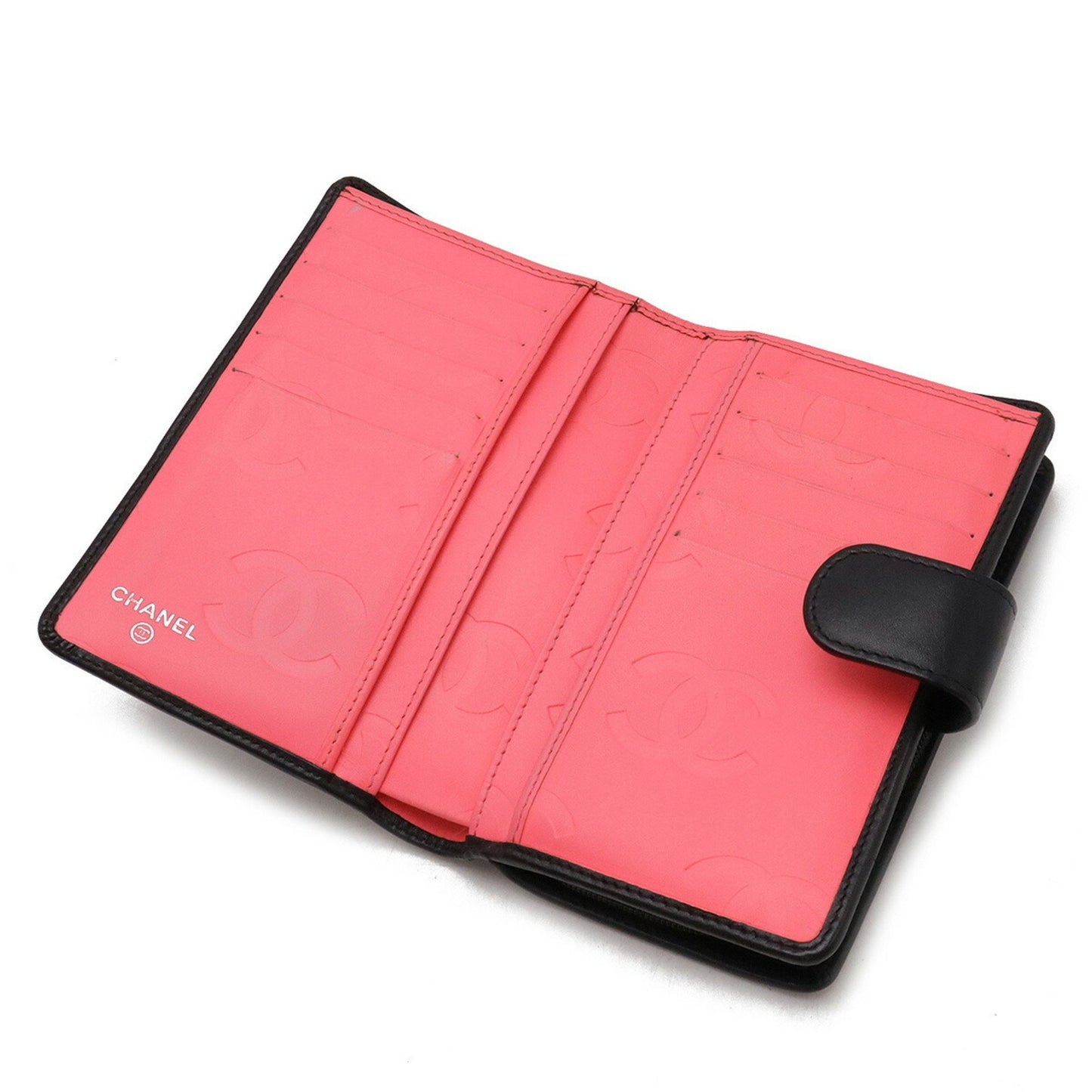 Chanel Cambon Line Coco Mark Bi-Fold Wallet Round Calf Leather Enamel Black Pink A50080