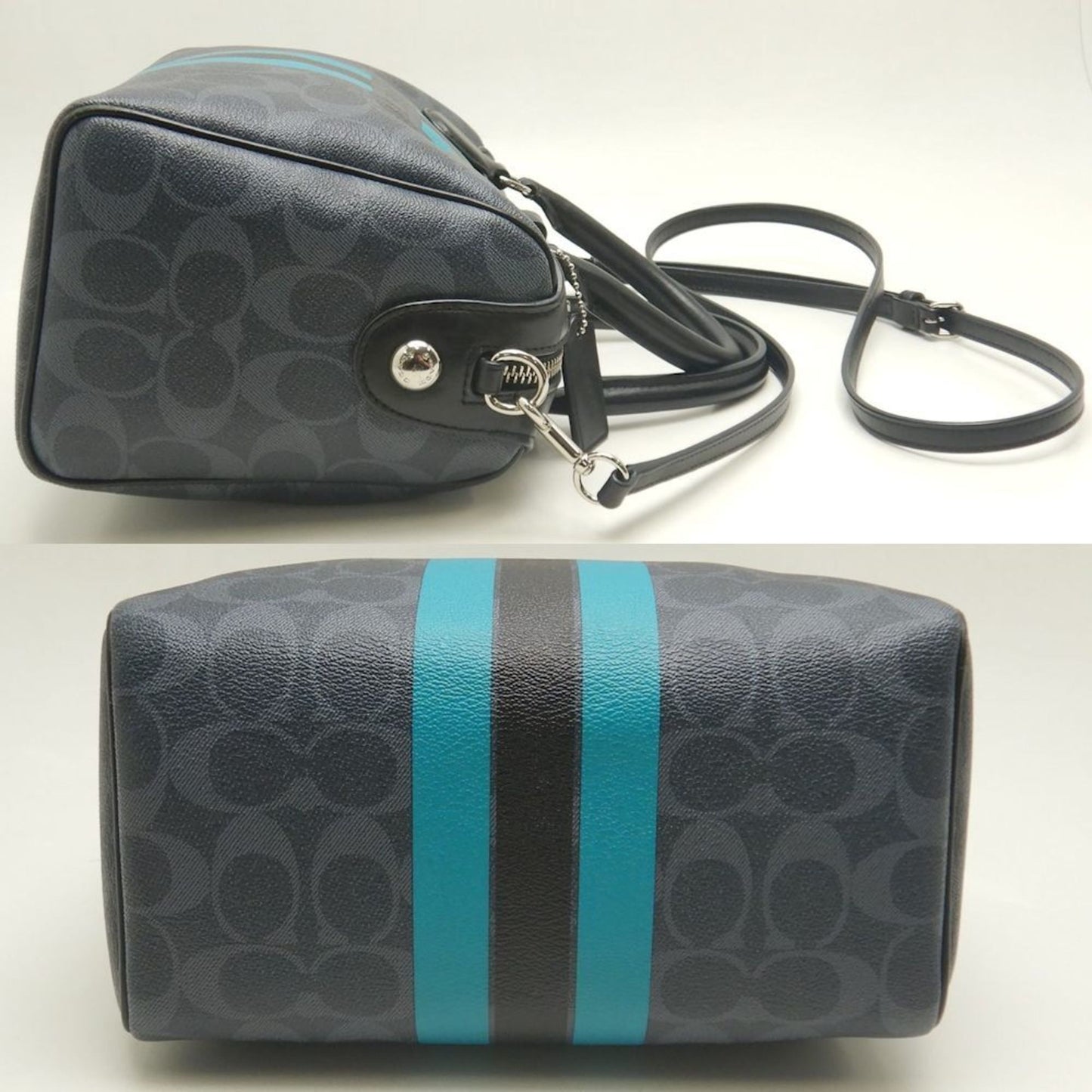 Coach Varsity Mini Bennett Satchel Signature Stripe F38401 Handbag In Black And Turquoise Leather