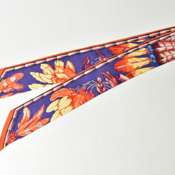 Hermes Twilly Scarf Muffler Hermes Silk Twill Feather Motif Purple Orange Multi