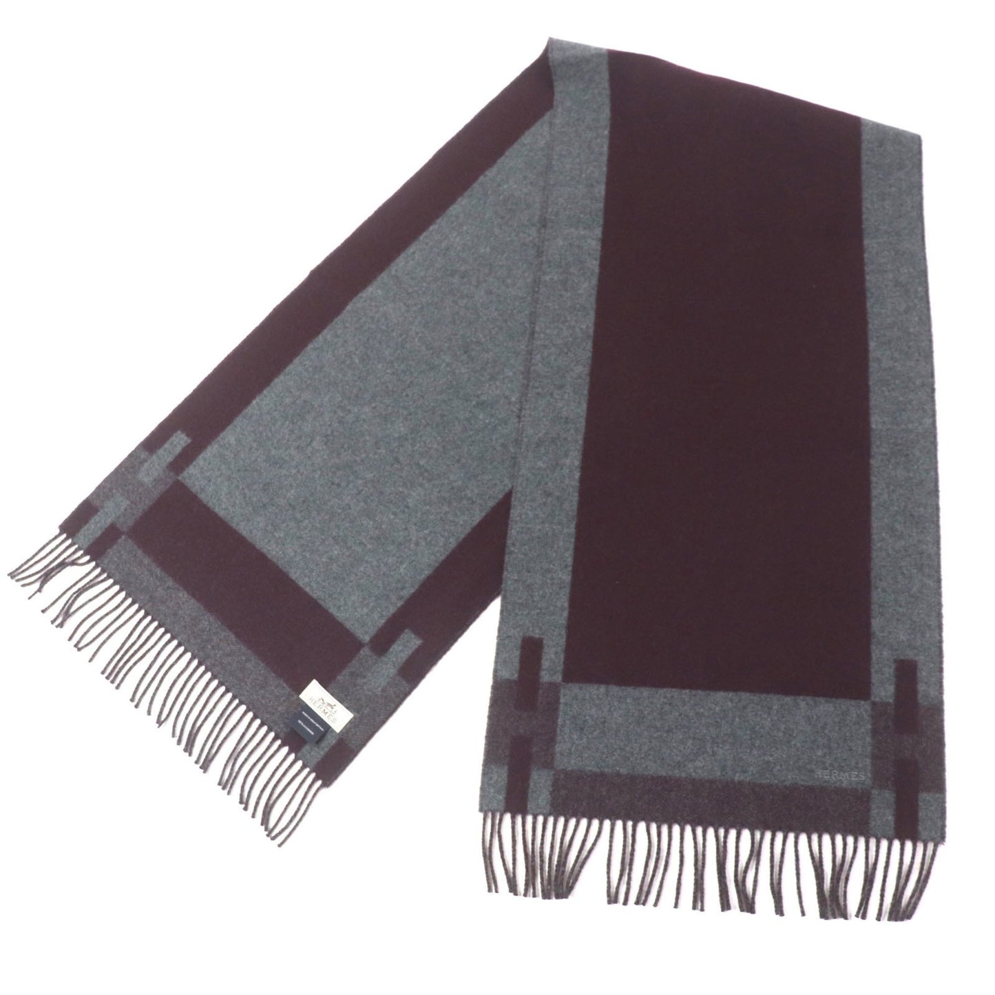 Hermes H Passant 100% Cashmere Scarf With Embroidered Logo And Fringe