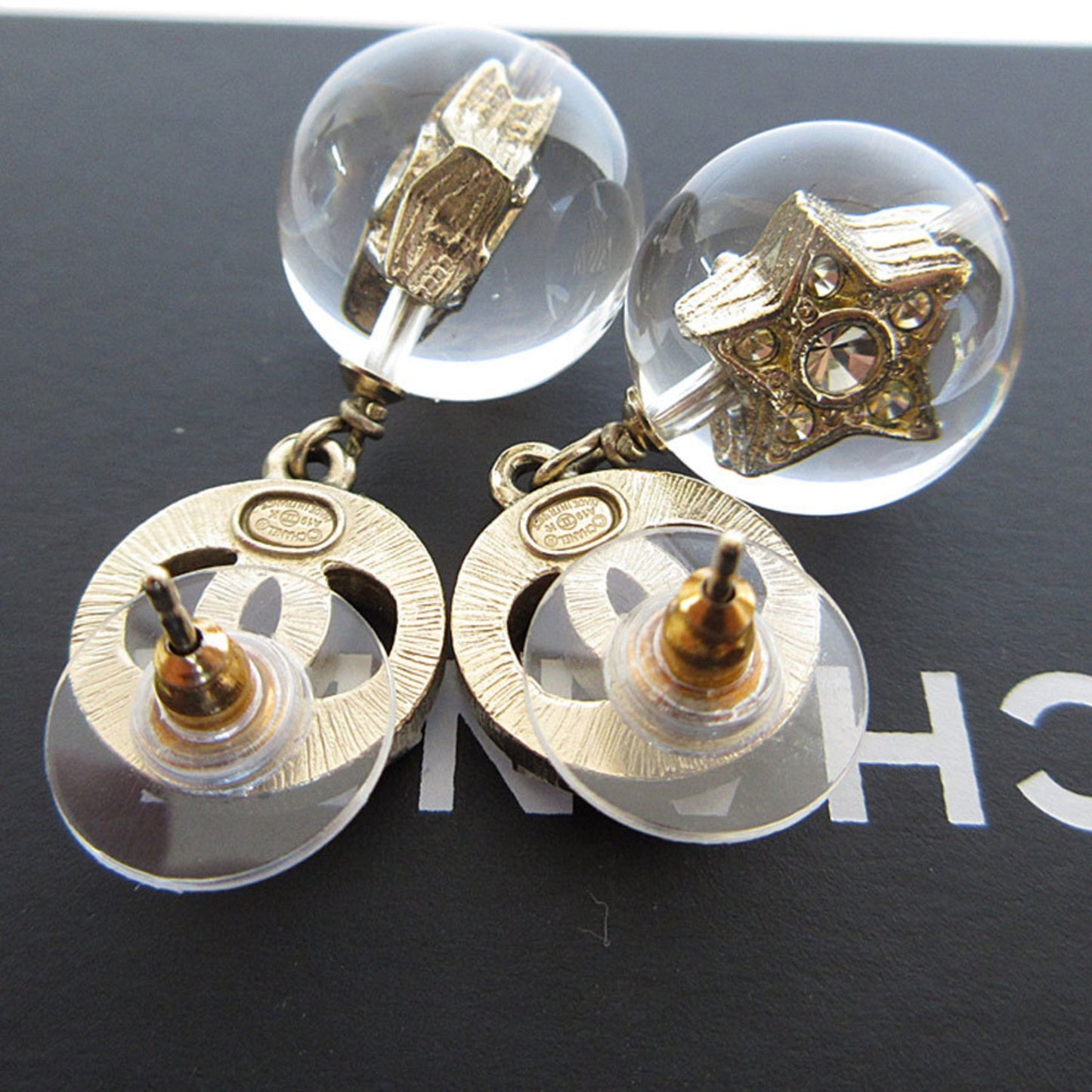 Chanel Coco Mark Metal Resin Gold Silver Earrings