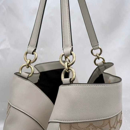 Coach Tote Bag Ec-23009 White Cream Signature F27579 Leather Canvas Coach Genuine