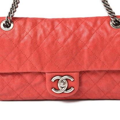 Chanel Chain Shoulder Bag Caviar Skin Matelasse Quilted Stitch Red Silver