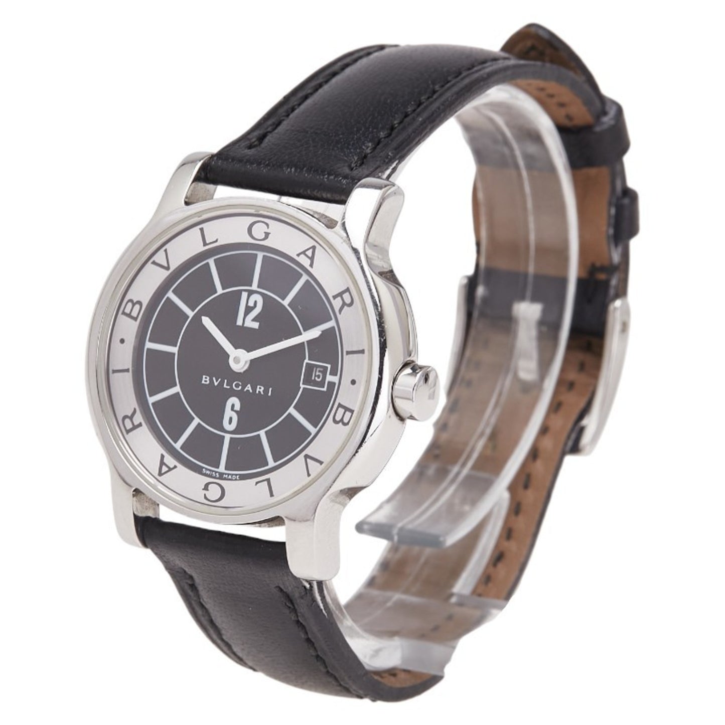 Bvlgari Solotempo Date Watch St29S Quartz Movement Black Dial Stainless Steel Leather
