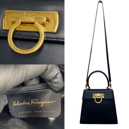 Salvatore Ferragamo Gancini Hardware Leather 2Way Shoulder Bag Handbag Navy