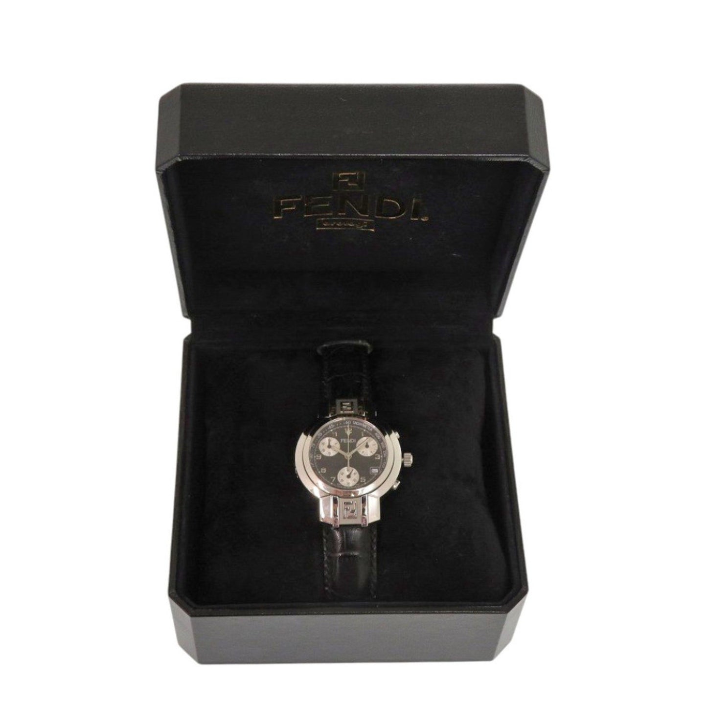Fendi 4500L Horology Chronograph Stainless Steel Leather Black Quartz Watch