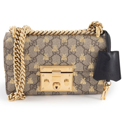 Gucci Bee Gg Supreme Leather Padlock Chain Shoulder Bag