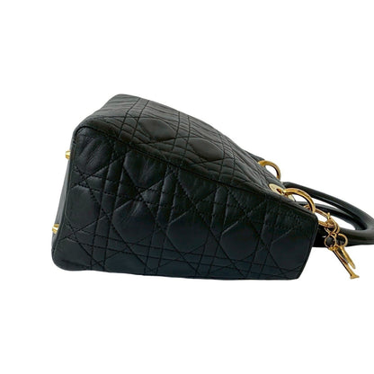 Christian Dior Lady Cannage Stitched Leather Handbag/Mini Tote Bag In Black