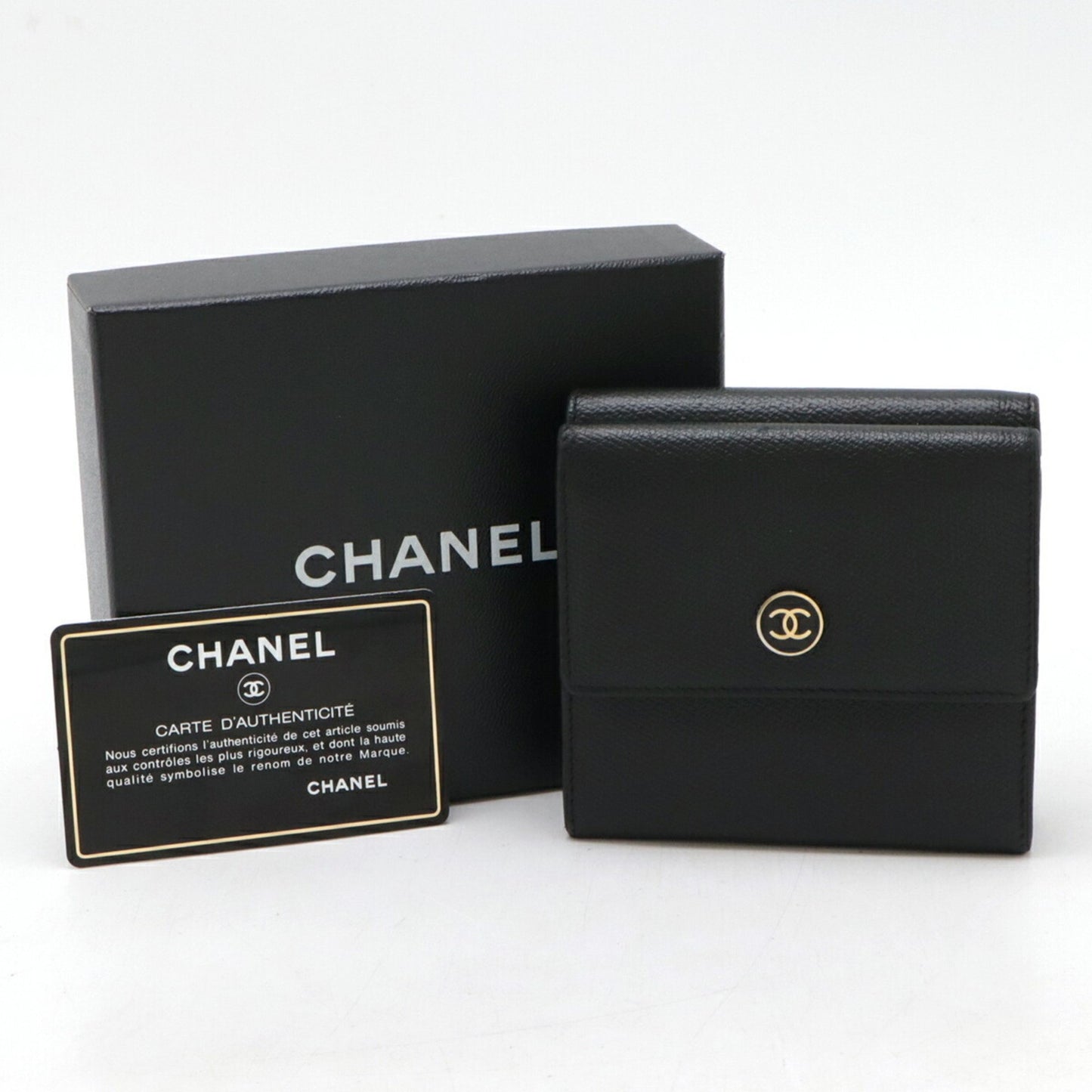 Chanel Coco Button Tri-Fold W Wallet Double Leather Black A20902