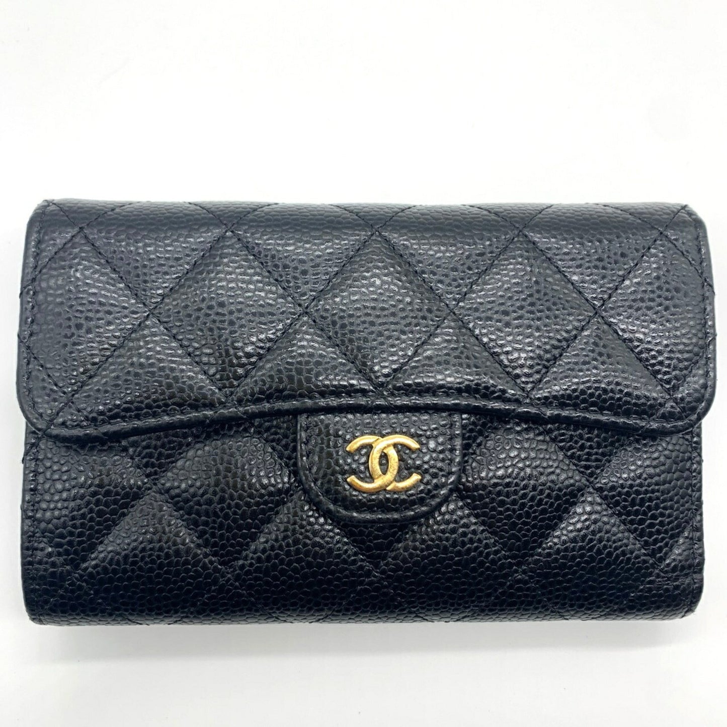 Chanel Matelasse Medium Flap Wallet Tri-Fold Caviar Skin Black Ap0232 Chanel