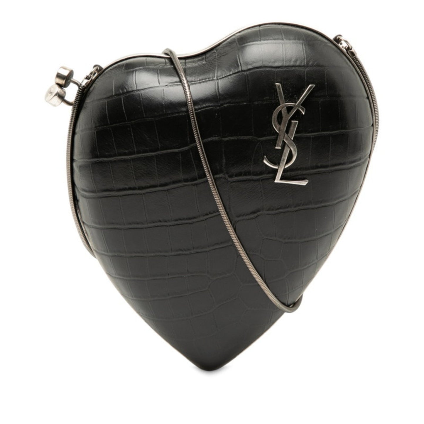 Saint Laurent Ysl Logo Heart-Shaped Crocodile Embossed Love Box Shoulder Bag 466212 Black Leather