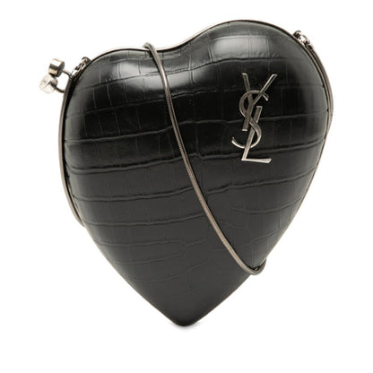Saint Laurent Ysl Logo Heart-Shaped Crocodile Embossed Love Box Shoulder Bag 466212 Black Leather