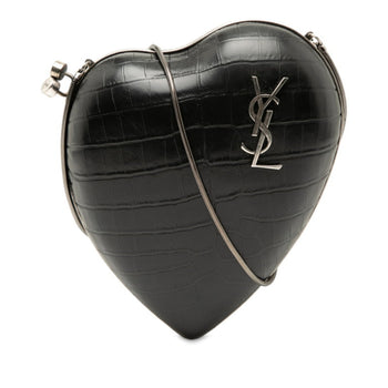 Saint Laurent Ysl Logo Heart-Shaped Crocodile Embossed Love Box Shoulder Bag 466212 Black Leather