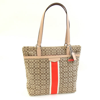 Coach Mini Signature Stripe File Tote Bag F27008 Khaki Beige Canvas Leather Shoulder
