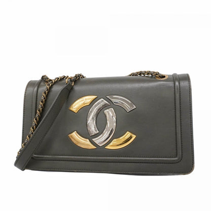 Chanel Shoulder Bag W Chain Leather Black Gold