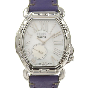Fendi Celeria Watch 8400M Stainless Steel X Embossed Leather Quartz Small Second White Shell Dial