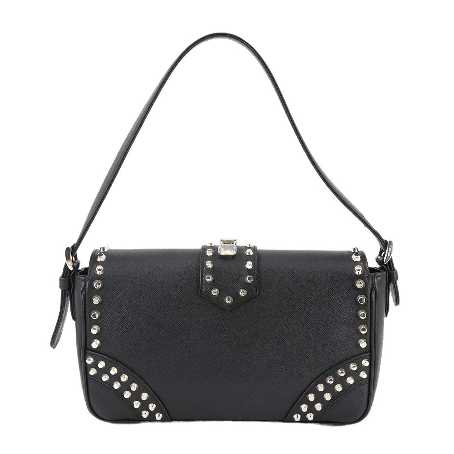 Prada Bejeweled Studded Shoulder Bag In Saffiano Leather (Black)