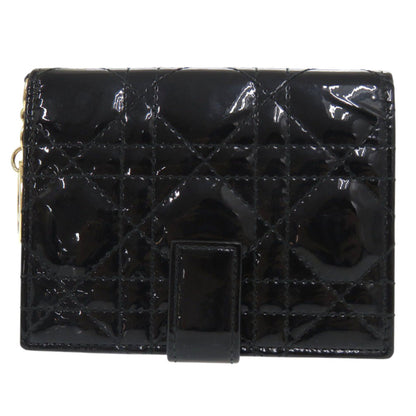Christian Dior Dior Cannage Logo Charm Patent Leather/Enamel Black Bifold Wallet With Gold Hardware