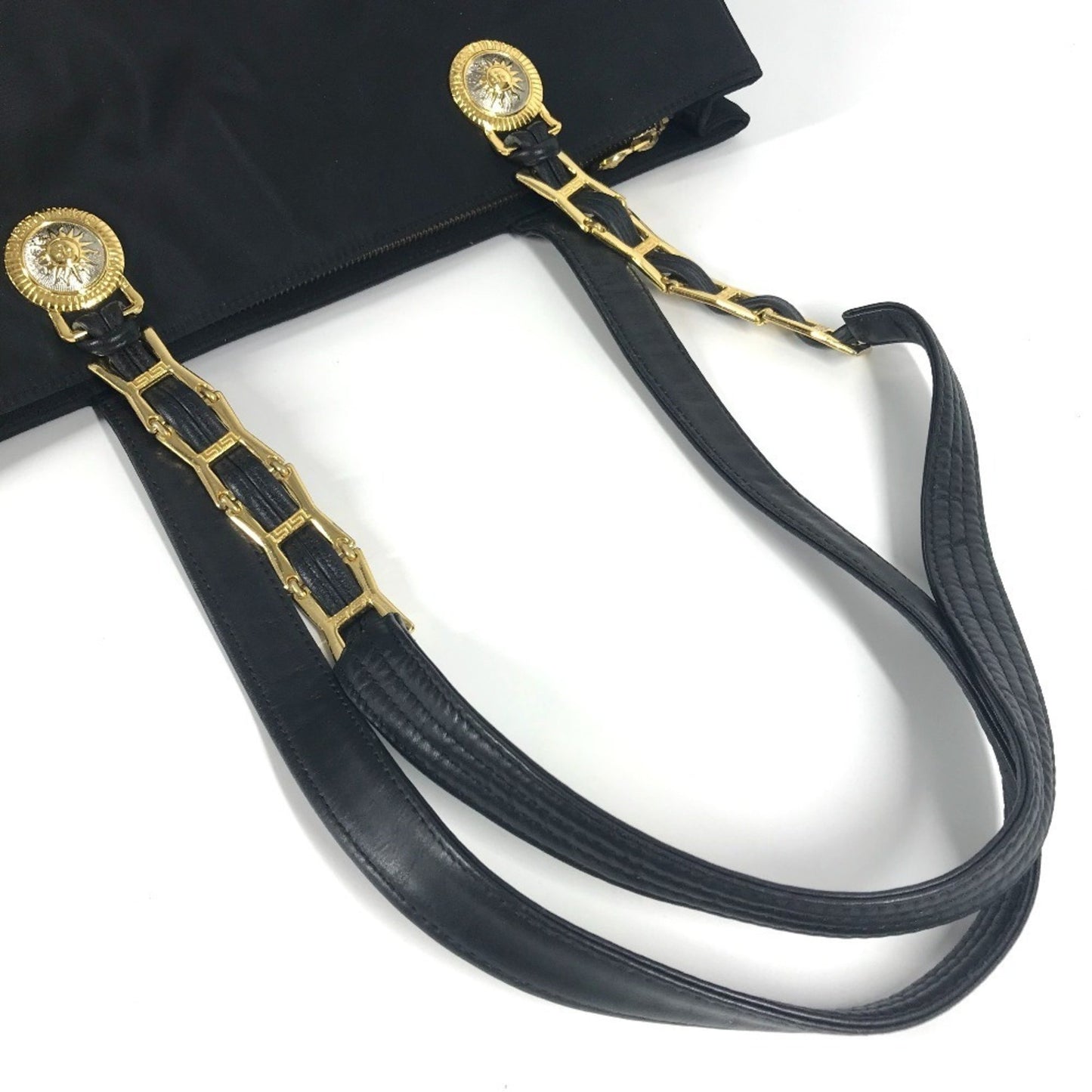 Versace Logo Sunburst Tote Bag With Chain Shoulder In Nylon/Leather
