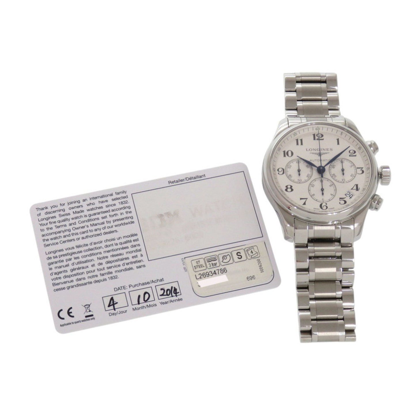 Longines Master Collection L2.693.4.78.6 Stainless Steel White Dial Silver Automatic Watch 1583