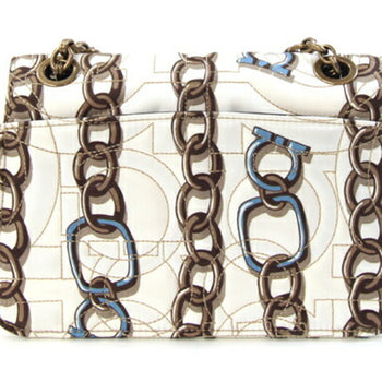 Salvatore Ferragamo Shoulder Bag 21H455 Off-White And Dark Brown Fabric Leather Chain With Gancini