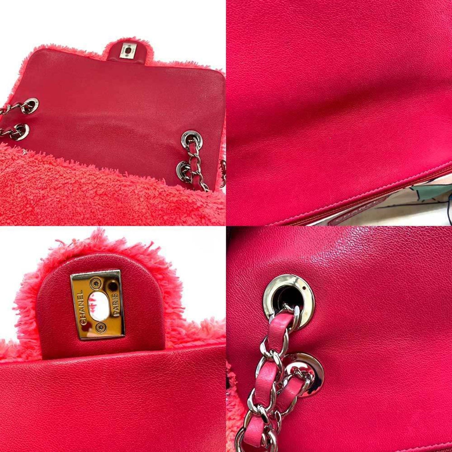 Chanel Chain Shoulder Bag Pink Neon Color Pochette 2Way Matelasse Pattern