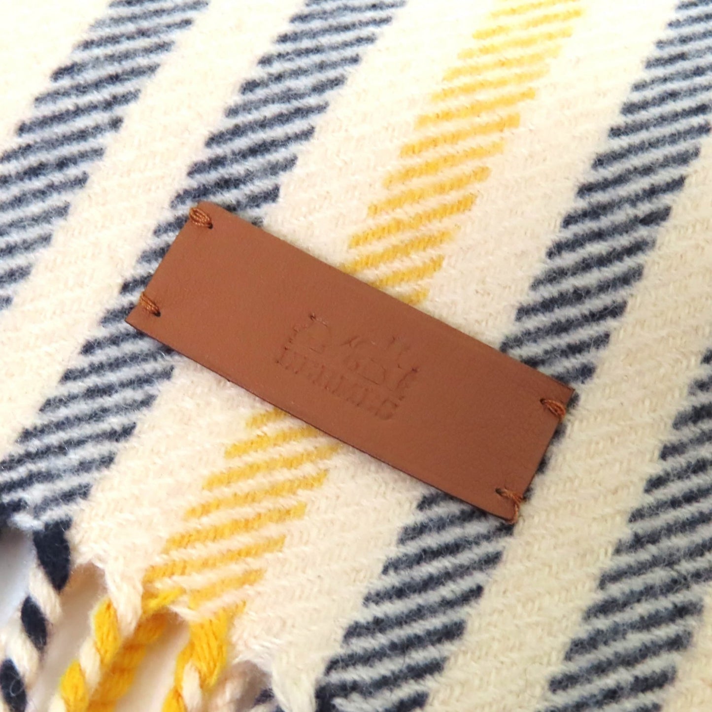 Hermes 100% Cashmere Scarf With Logo Leather Patch And Check Pattern Fringe