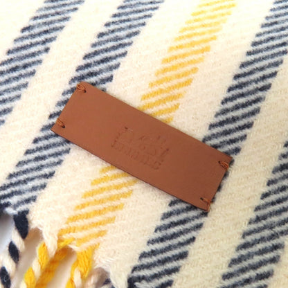 Hermes 100% Cashmere Scarf With Logo Leather Patch And Check Pattern Fringe