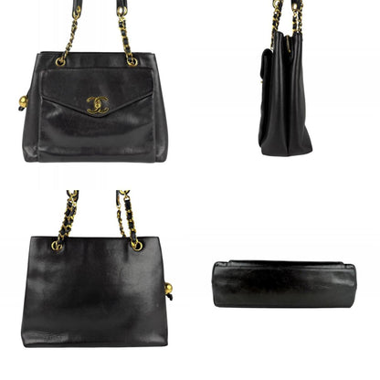 Chanel Shoulder Bag Leather Metal Black Gold