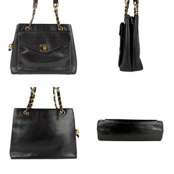 Chanel Shoulder Bag Leather Metal Black Gold