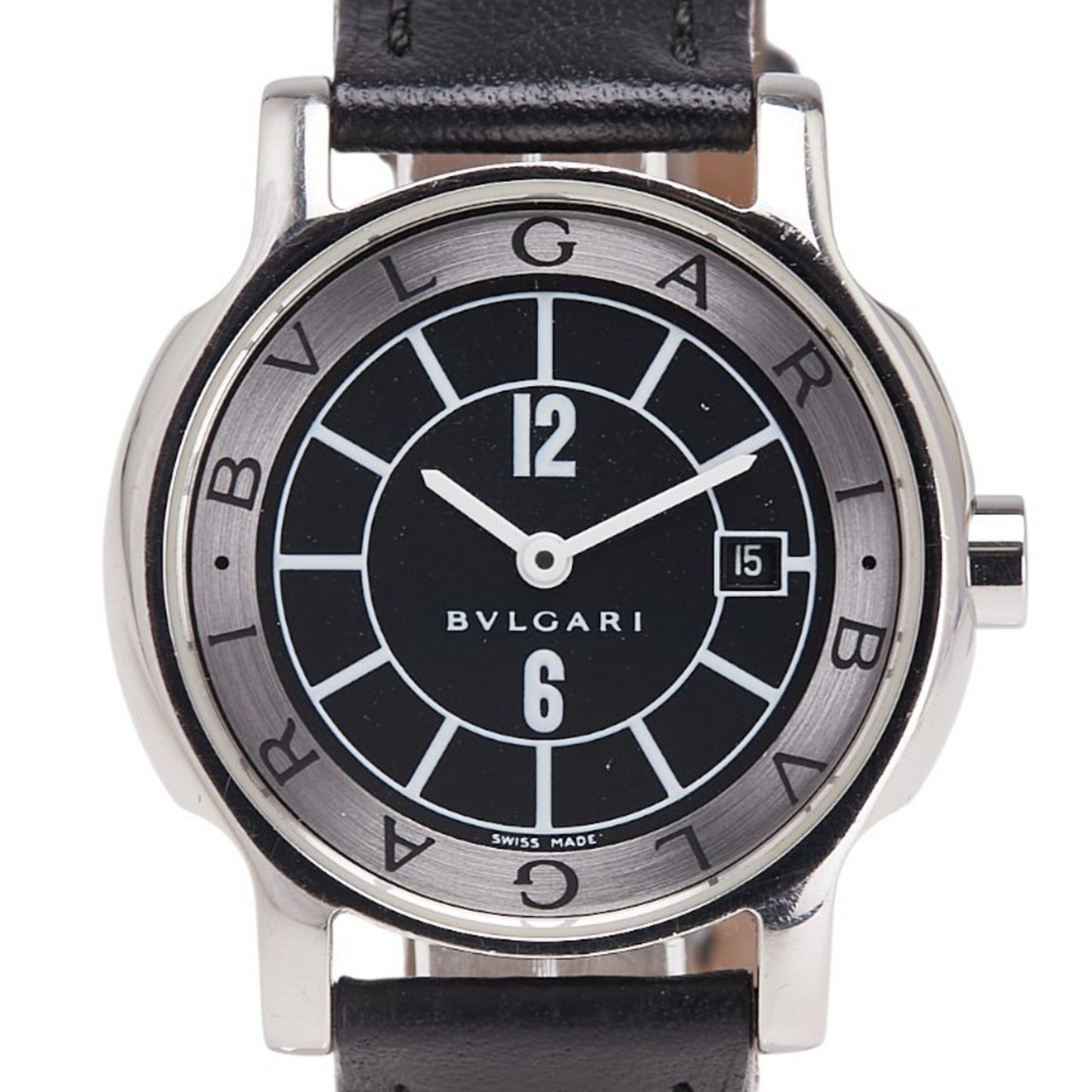 Bvlgari Solotempo Date Watch St29S Quartz Movement Black Dial Stainless Steel Leather