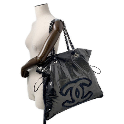 Chanel Chain Tote Bag Coco Mark Nylon Fur Chanel Black