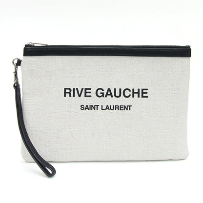 Saint Laurent Clutch Bag Rive Gauche 581369 Ivory Beige Black Pvc Leather Hand Strap Pouch