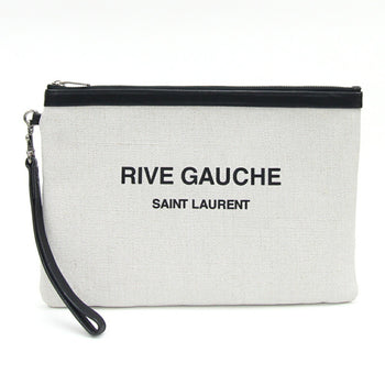 Saint Laurent Clutch Bag Rive Gauche 581369 Ivory Beige Black Pvc Leather Hand Strap Pouch